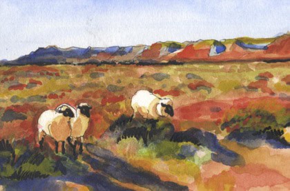 Painting of some wooly sheep grazing on the mesa